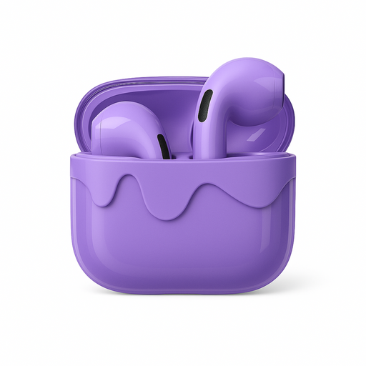 Purple wireless earbuds in a matching case on a white background