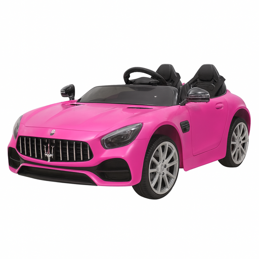 Pink toy car with Maserati logo on a white background
