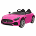 Pink toy car with Maserati logo on a white background