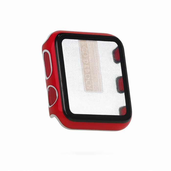 Red smartwatch with a screen protector on a white background