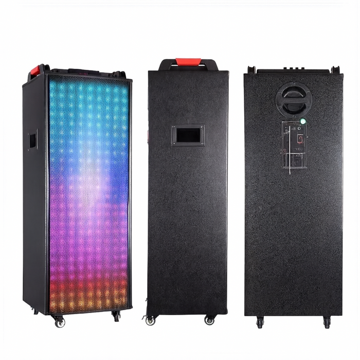Black portable PA speaker with colorful LED display on a white background