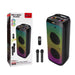 Multimedia speaker with rainbow design and packaging on a white background