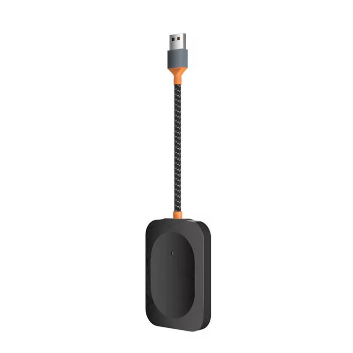Black electronic device with a USB cable on a white background
