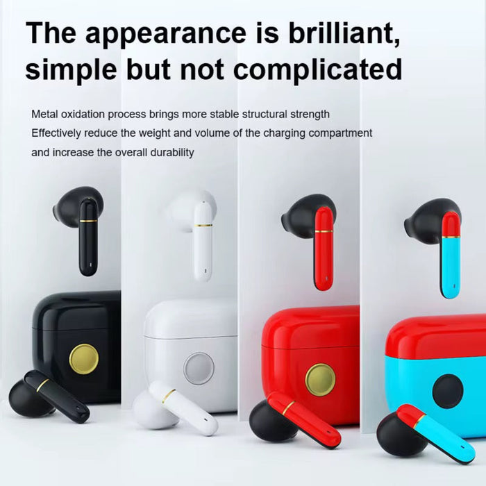 Wireless earbuds with charging cases in black, white, red, and blue on a light gray background.