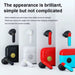 Wireless earbuds with charging cases in black, white, red, and blue on a light gray background.