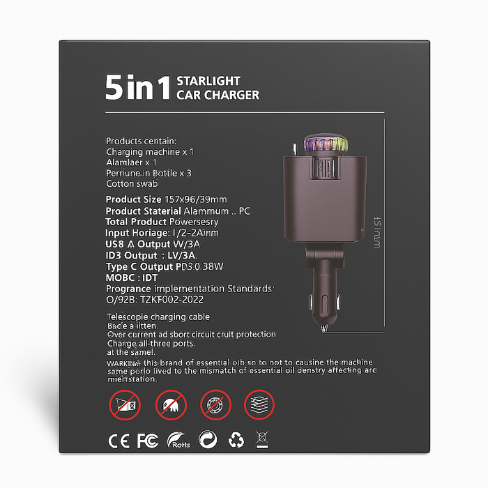 5-in-1 Starlight Car Charger with LED Light, Perfume Diffuser, Fast Charging & Dual USB