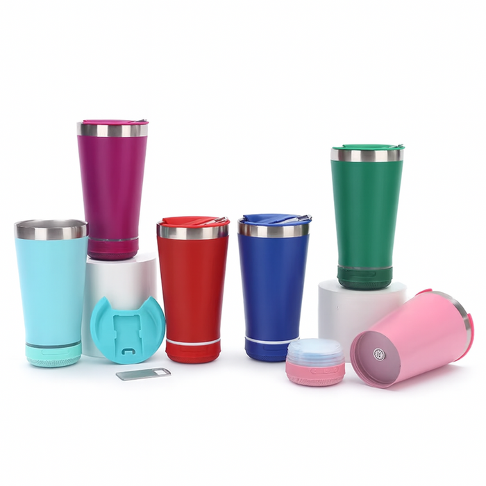 Set of colorful tumblers with various designs on a white background