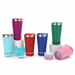 Set of colorful tumblers with various designs on a white background