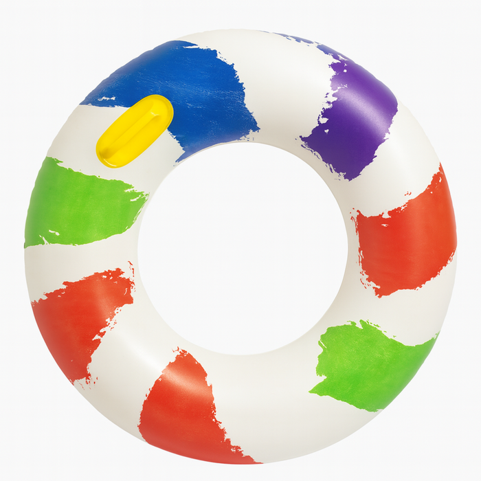 Colorful inflatable ring with red, green, blue, and yellow sections on a white background