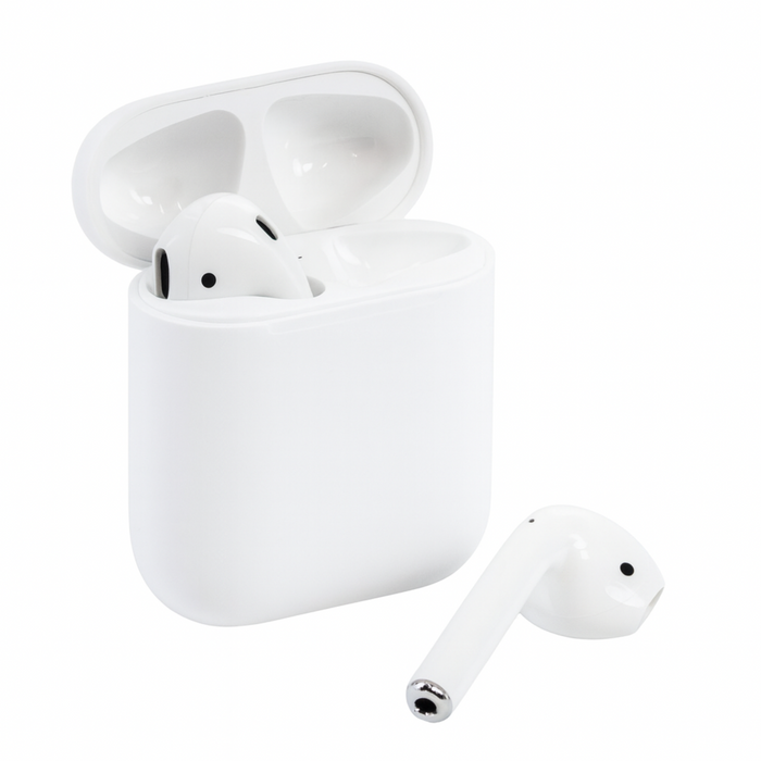 White wireless earbuds with charging case on a white background