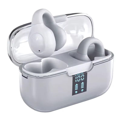 White wireless earbuds with charging case on a white background