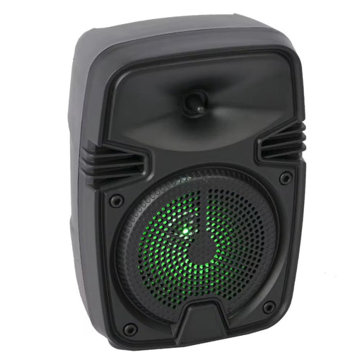 Black speaker with green LED light on a white background