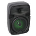 Black speaker with green LED light on a white background