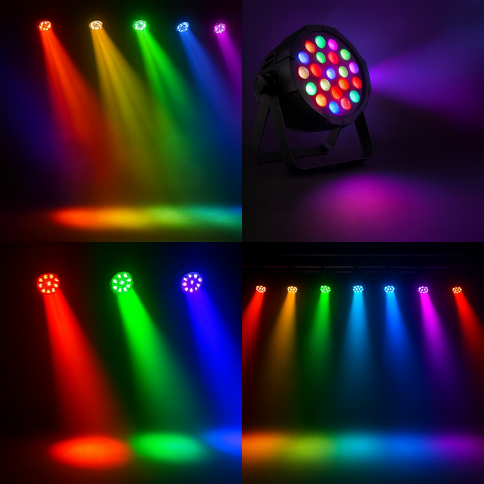 Colorful stage light projector with beam effects on a dark background