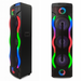 Black speakers with colorful LED lights on a white background