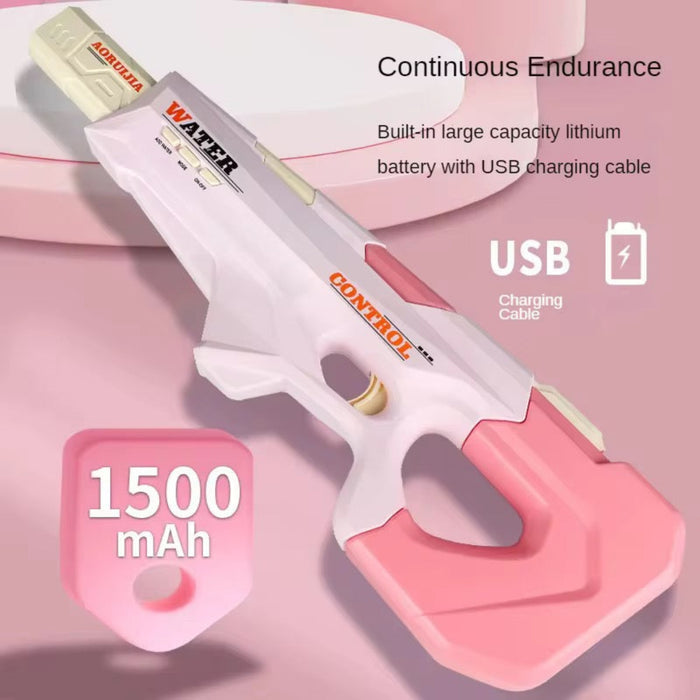 Pink and white toy gun with charging cable on a pink background