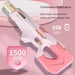 Pink and white toy gun with charging cable on a pink background
