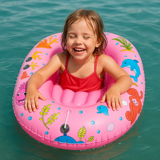 Child in a pink inflatable ring with sea creature designs in clear blue water