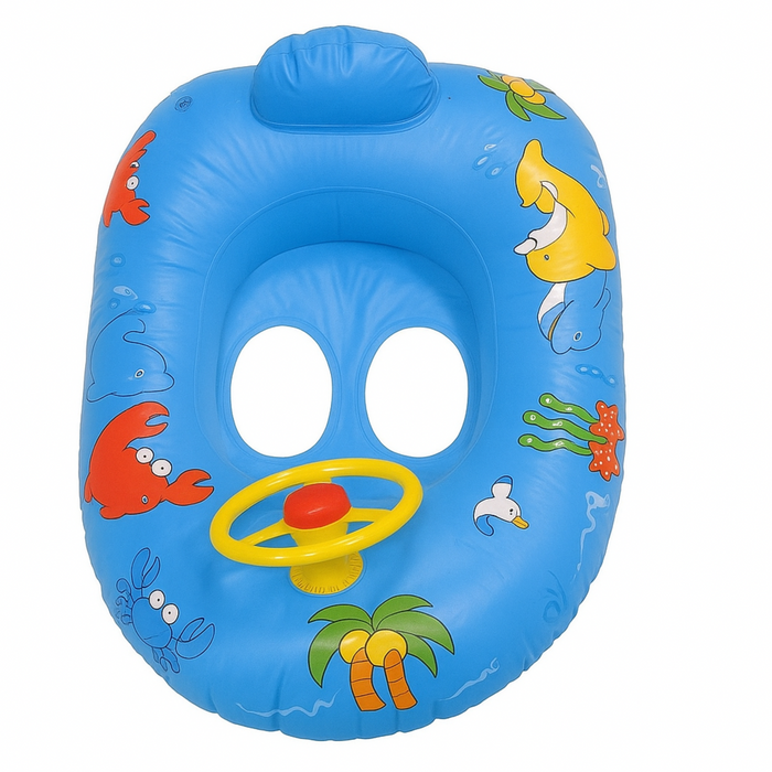 Children's inflatable pool float with cartoon sea animals and steering wheel design on a white background