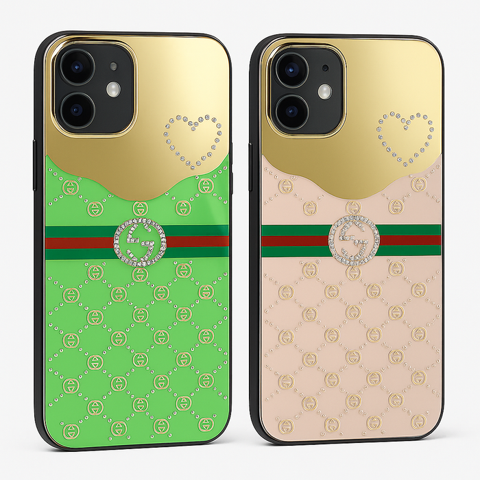 iPhone 12 Designer Mirror Case – Rhinestone Blush & Green Duo