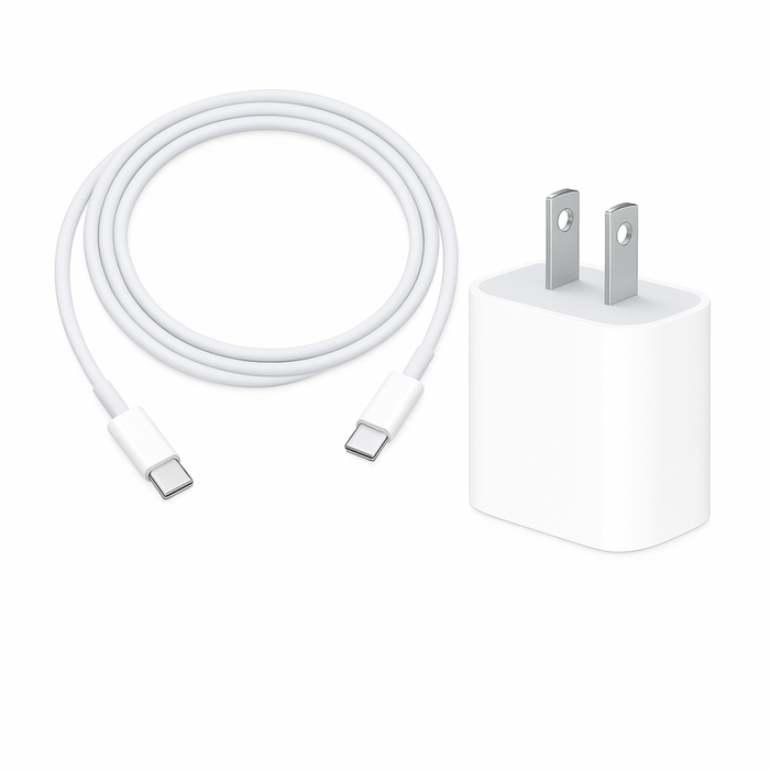 White charging cable and adapter on a white background