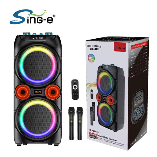 Sing-e multi-media speaker with RGB lighting and packaging on a white background