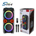 Sing-e multi-media speaker with RGB lighting and packaging on a white background