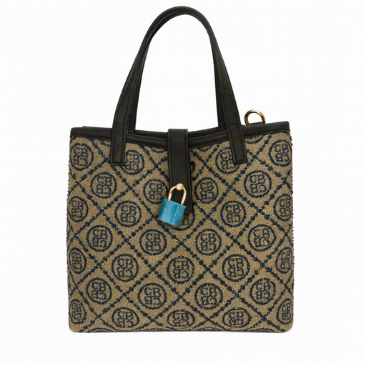 Patterned handbag with black handles and a blue lock on a white background