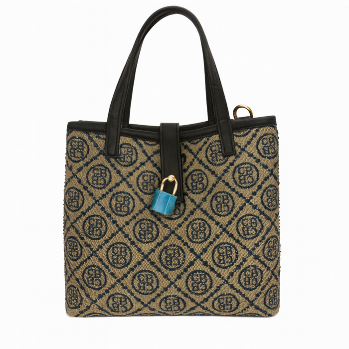 Patterned handbag with black handles and a blue lock on a white background