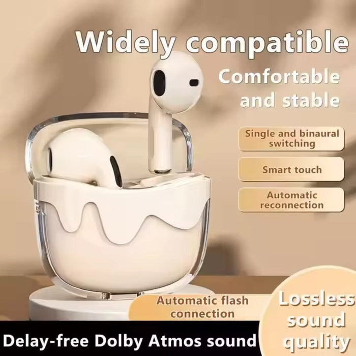 White wireless earbuds in a charging case with text highlighting features on a beige background