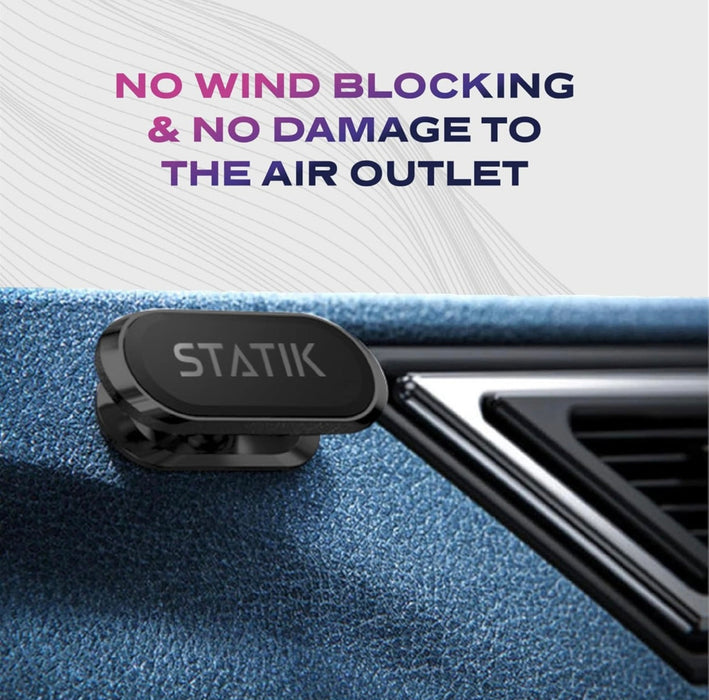 Car air vent with a STATIK device attached, showing no wind blocking and no damage to the air outlet.