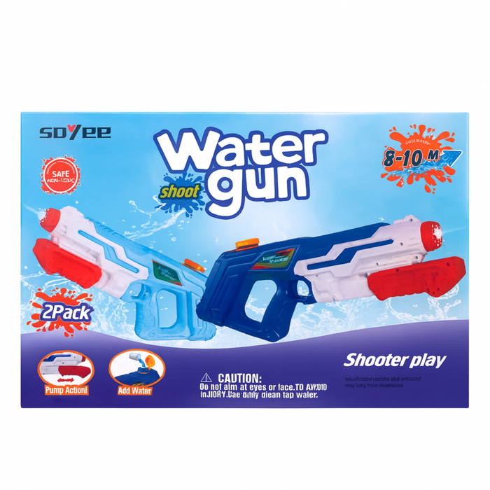 Box of Soyee water guns with blue and red design on a white background