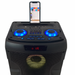 Black portable speaker with blue lights and a smartphone on top displaying music app interface.