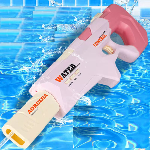 Pink and white water gun with 'Aorulina' branding on a blue water background