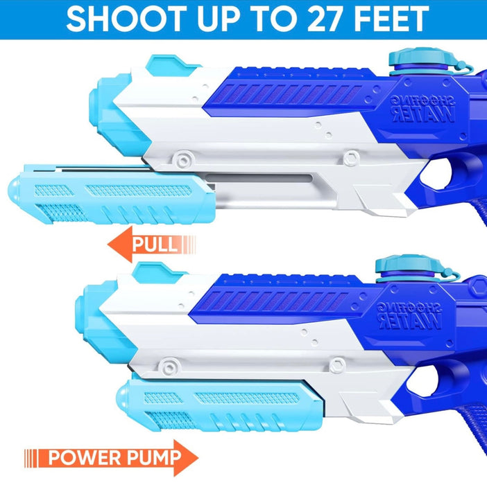 Blue and white water gun with text indicating range and features on a white background