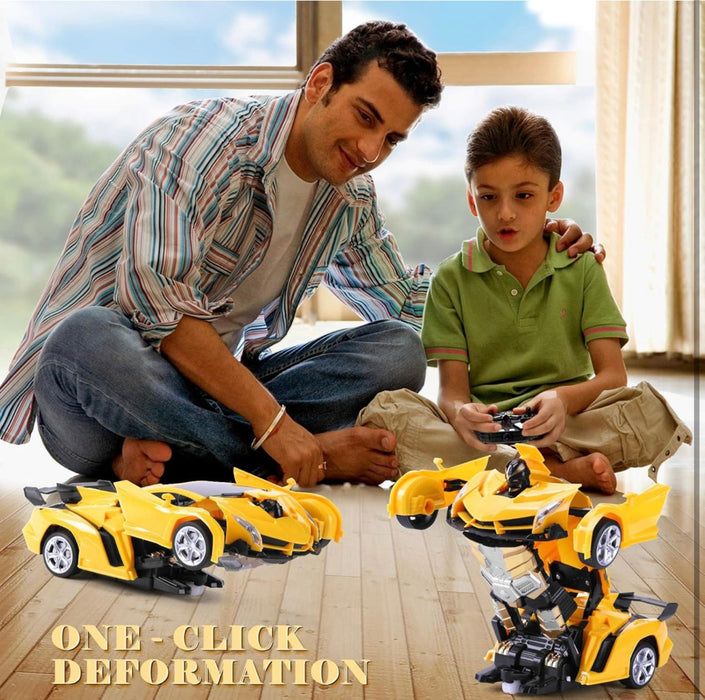 Man and child playing with toy cars and a robot toy on a wooden floor.