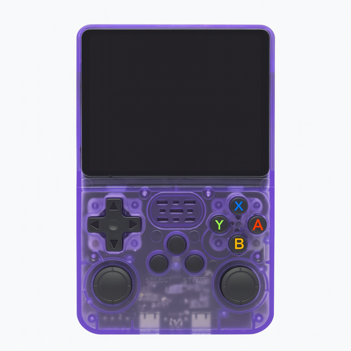 Handheld gaming console with transparent purple casing on a white background