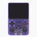 Handheld gaming console with transparent purple casing on a white background