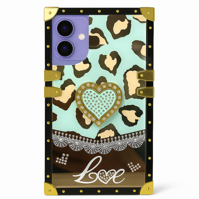 Luxury Leopard Heart Mirror Case for iPhone 16 – Kickstand, Ring Grip, 6 Colors