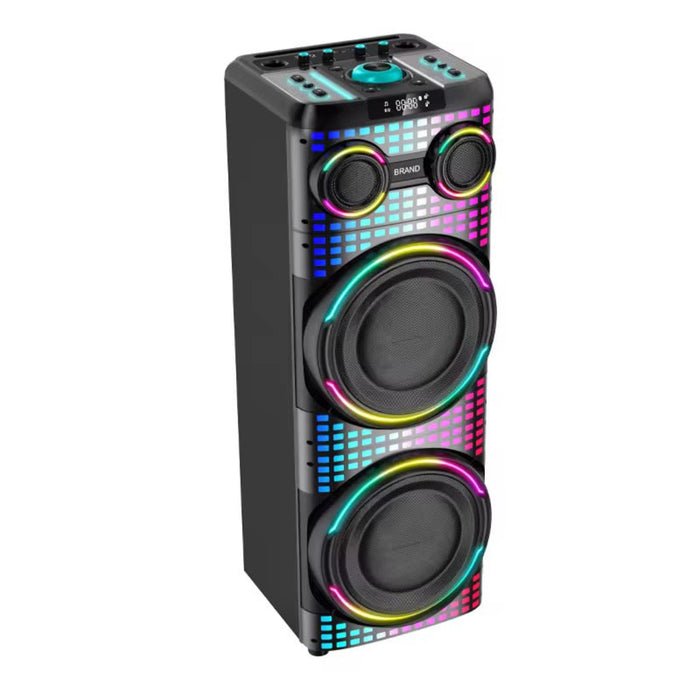 Black speaker with colorful LED lights on a white background