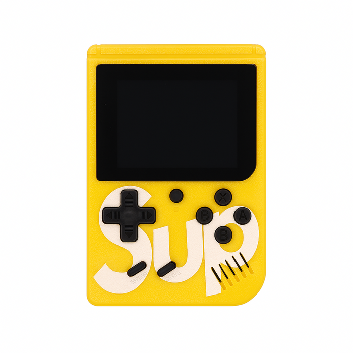 Yellow handheld device with a black screen and 'SUP' text on a white background