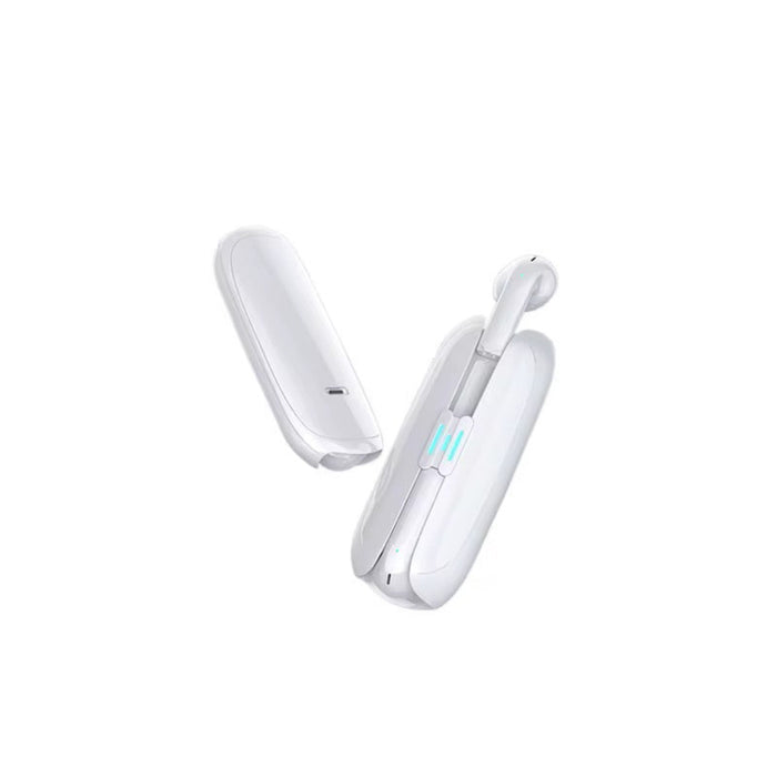 White wireless earbuds with charging case on a white background