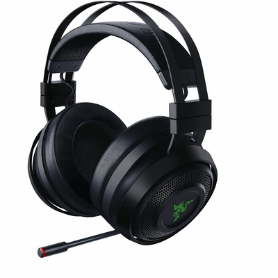 Black gaming headset with microphone on a white background