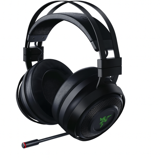 Black gaming headset with microphone on a white background