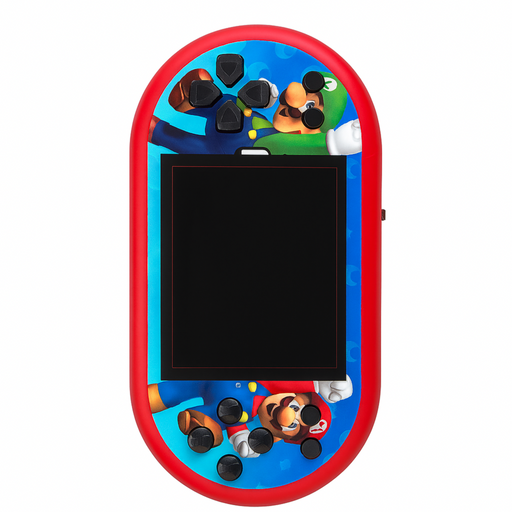 Handheld game console with colorful design on a white background