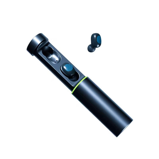 Black wireless earbuds with charging case on a white background