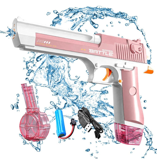Pink and white water gun with accessories on a white background
