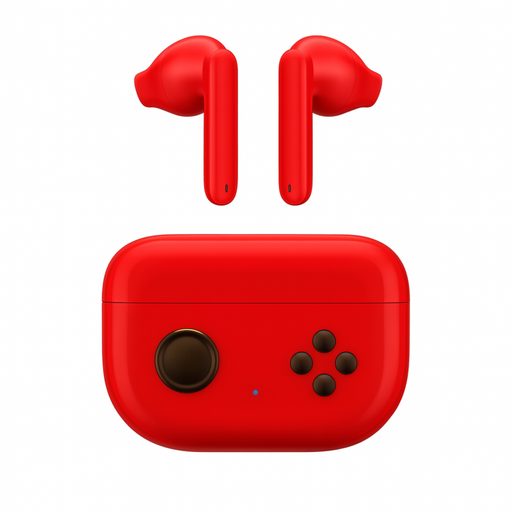 Red wireless earbuds with charging case on a white background
