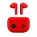 Red wireless earbuds with charging case on a white background