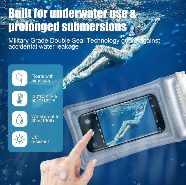 Waterproof phone case with a person diving and text about its features